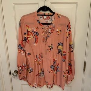 (Bin 7)  Old Navy cross tie Pintuck tunic blouse, floral pink, L